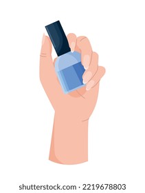 Nail polish in hand. Character holding nail care product on his hands. Beauty salon symbol. Sticker for social networks and messengers. Woman with blue liquid. Cartoon flat vector illustration