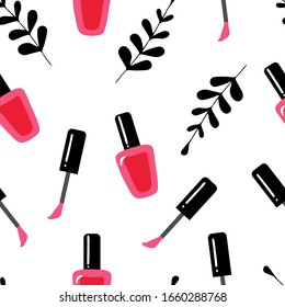 Nail polish hand drawn for beauty salon. Paint seamless pattern with sketchy nail polish jars. Cosmetic and manicure background for nail bar