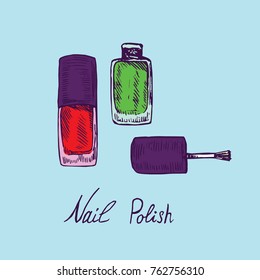 Nail Polish, hand drawn doodle sketch with inscription, isolated vector color illustration