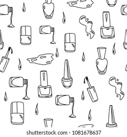 Nail polish hand drawn doodles for beauty salon. Isolated paint seamless pattern with sketchy nail polish jars, spills and drops. Cosmetic and manicure background for nail bar