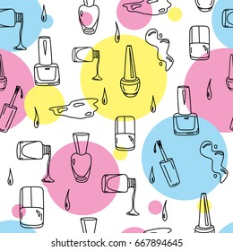 Nail Polish Hand Drawn Doodles For Beauty Salon. Paint Seamless Pattern With Sketchy Nail Polish Jars, Spills And Drops With Colorful Circles. Cosmetic And Manicure Background For Nail Bar