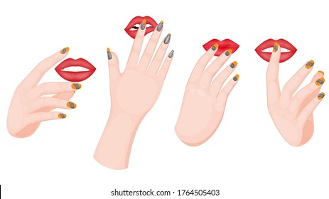 Nail Polish Hands and Lips in Various Gesture on White Background.