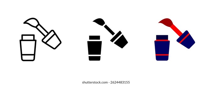 Nail polish icon. Bottle with open cap and applicator brush in diagonal position vector illustration. Symbol of manicure product and beauty cosmetics sign. Gloss and style care pictogram.