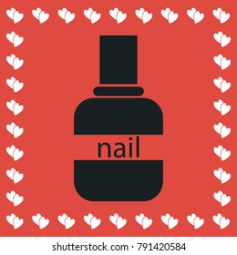 Nail polish icon flat. Simple black pictogram on red background with white hearts for valentines day. Vector illustration symbol