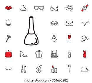 nail polish icon on white background. Beauty, Cosmetic, Shopping and Makeup Vector Icons Set . Cosmetic products, makeup brushes, lipstick, perfume, eye makeup. Women accessories. Fashion icons