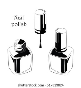 Nail polish icon. Nail polish silhouette. Nail manicure cosmetic. Women fashion care design. Glamour nail polish vector illustration. Nail polish bottle and brush isolated on white. Manicure.