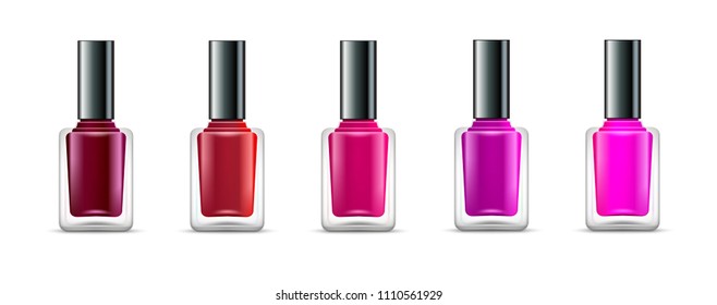 Nail polish isolated glass bottle colors. Realistic beauty manicure paint containers. Cosmetic female nail polish product.