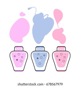 Nail Polish jars with glitter sparkles and colorful blots. Promotional banner with women cosmetics for nails. Cute light pastel outlined icons, place for text. Vector graphic design with simple forms