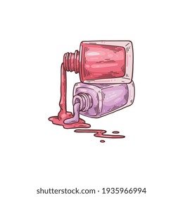 Nail polish jars with spilling over lacquer sketch vector illustration isolated.