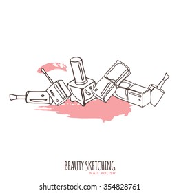 Nail Polish, Nail Lacquer, Fingernail Polish, Nail Enamel Set. Make Up, Cosmetics. Hand drawn vector illustration. Line art ink sketch.