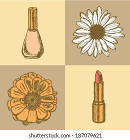 Nail polish, lipstick, daisy and zinnia sketch, vector vintage background