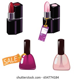 Nail polish and lipstick. Vector illustration of realistic nail polish in glass bottles and lipstick isolated on white background. Discount tags.