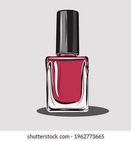 Nail polish, manicure. Beauty saloon. Decorative cosmetics. Eyeshadows, powder, eyeshadow palette. Part of a set about care and decorative cosmetics, perfumes, brushes. Isolated vector objects.