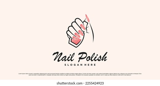 Nail polish and manicure logo design with woman hands and bottle icon Premium Vector