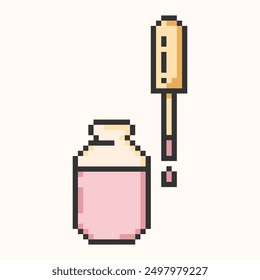 Nail Polish Manicure pixel art Icon.Hand manicure and nails care simple 8-bit symbol.opened bottle with lid, brush and enamel drop on white background.Vector illustration EPS 10