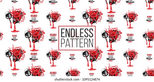 Nail polish manicure vector seamless pattern with life is too short for bad manicure text and liquid nails polishes. Watercolor style graphic on white background. Fashion illustration for beauty salon
