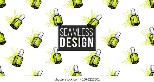 Nail polish manicure vector seamless pattern with lemon nails polishes. Paint brush strokes art design. Cosmetic pattern, beauty salon decor, uniform concept.