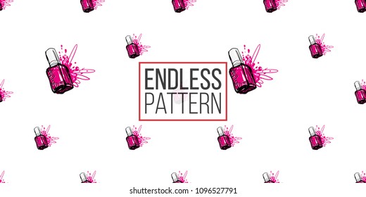 Nail polish manicure vector seamless pattern with magenta nails polishes. Paint brush strokes art design. Cosmetic pattern, beauty salon decor, uniform concept.