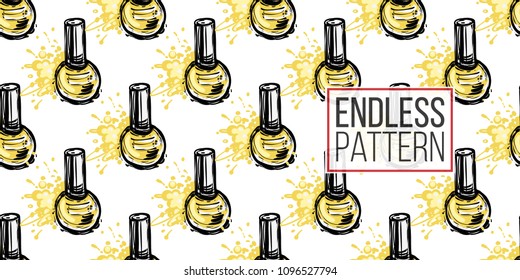 Nail polish manicure vector seamless pattern with yellow nail polish. Paint brush strokes art design. Cosmetic pattern, beauty salon decor, uniform concept.