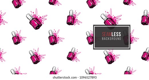 Nail polish manicure vector seamless pattern with magenta nails polishes. Paint brush strokes art design. Cosmetic pattern, beauty salon decor, uniform concept.