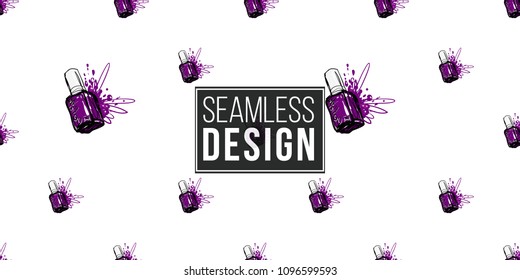 Nail polish manicure vector seamless pattern with violet nail polish. Paint brush strokes art design. Cosmetic pattern, beauty salon decor, uniform concept.