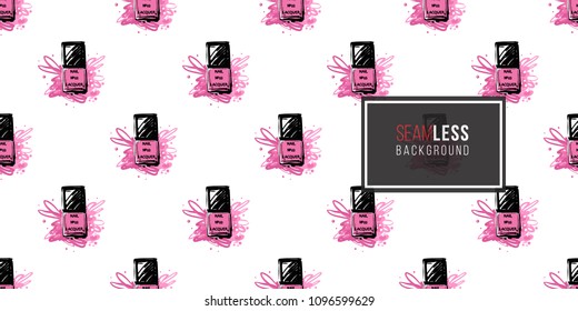 Nail polish manicure vector seamless pattern with square pink nail polish. Paint brush strokes art design. Fashion illustration, beauty salon branding, uniform concept.