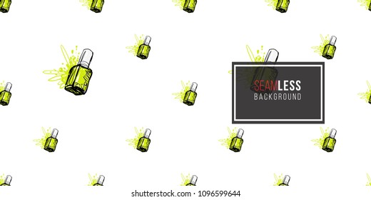 Nail polish manicure vector seamless pattern with lemon nails polishes. Paint brush strokes art design. Cosmetic pattern, beauty salon decor, uniform concept.