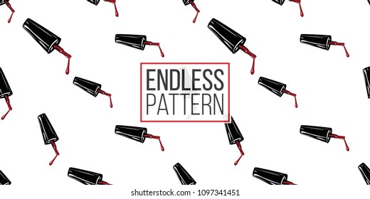 Nail polish manicure vector seamless pattern with enamel brush with drop. Paint brush strokes art design. Cosmetic pattern, beauty salon decor, uniform concept.