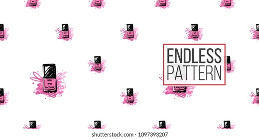 Nail polish manicure vector seamless pattern with square pink nail polish. Paint brush strokes art design. Fashion illustration, beauty salon branding, uniform concept.