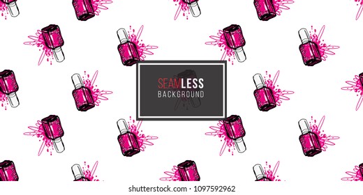 Nail polish manicure vector seamless pattern with magenta nails polishes. Paint brush strokes art design. Cosmetic pattern, beauty salon decor, uniform concept.
