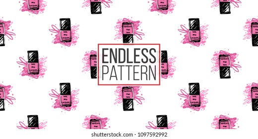 Nail polish manicure vector seamless pattern with square pink nail polish. Paint brush strokes art design. Fashion illustration, beauty salon branding, uniform concept.