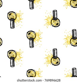 Nail polish manicure vector seamless pattern with yellow nail polish. Watercolor art graphic icons on white background. Fashion illustration, beauty salon logo, uniform concept.