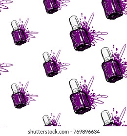 Nail polish manicure vector seamless pattern with violet nail polish. Watercolor art graphic icons on white background. Fashion illustration, beauty salon logo, uniform concept.