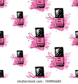 Nail polish manicure vector seamless pattern with square pink nail polish. Watercolor art graphic icons on white background. Fashion illustration, beauty salon branding, uniform concept.