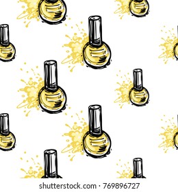 Nail polish manicure vector seamless pattern with yellow nail polish. Watercolor art graphic icons on white background. Fashion illustration, beauty salon logo, uniform concept.