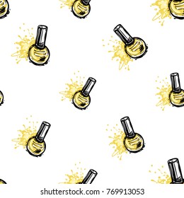 Nail polish manicure vector seamless pattern with yellow nail polish. Watercolor art graphic icons on white background. Fashion illustration, beauty salon logo, uniform concept.