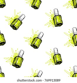 Nail polish manicure vector seamless pattern with lemon nails polishes. Watercolor art graphic icons on white background. Fashion illustration, beauty salon logo, uniform concept.