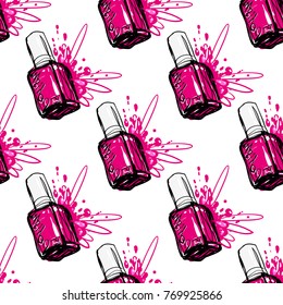 Nail polish manicure vector seamless pattern with magenta nails polishes. Watercolor art graphic icons on white background. Fashion illustration, beauty salon logo, uniform concept.