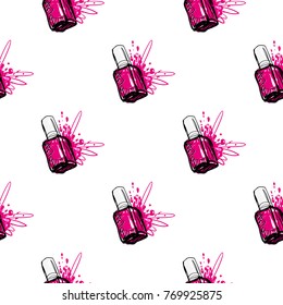 Nail polish manicure vector seamless pattern with magenta nails polishes. Watercolor art graphic icons on white background. Fashion illustration, beauty salon logo, uniform concept.