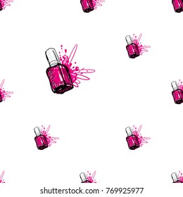 Nail polish manicure vector seamless pattern with magenta nails polishes. Watercolor art graphic icons on white background. Fashion illustration, beauty salon logo, uniform concept.
