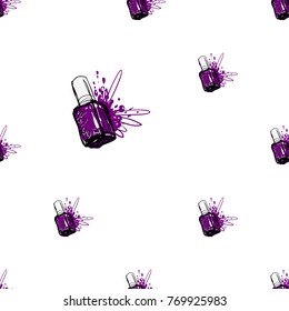 Nail polish manicure vector seamless pattern with violet nail polish. Watercolor art graphic icons on white background. Fashion illustration, beauty salon logo, uniform concept.