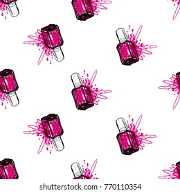 Nail polish manicure vector seamless pattern with magenta nails polishes. Watercolor art graphic icons on white background. Fashion illustration, beauty salon logo, uniform concept.