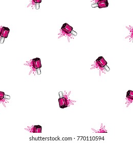 Nail polish manicure vector seamless pattern with magenta nails polishes. Watercolor art graphic icons on white background. Fashion illustration, beauty salon logo, uniform concept.