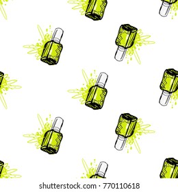 Nail polish manicure vector seamless pattern with lemon nails polishes. Watercolor art graphic icons on white background. Fashion illustration, beauty salon logo, uniform concept.