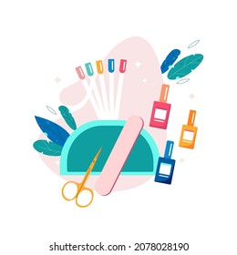 Nail polish. Manicurist service concept. Manicure, nail art and pedicure. Beauty salon. Vector illustration in flat style. Ideal for use on banners, posters, postcards, social media.