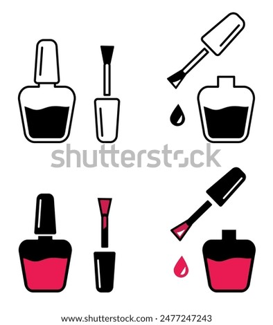 Nail polish open bottle icon. Nail polish pink splash illustration. Open gel bottle and brush symbol.