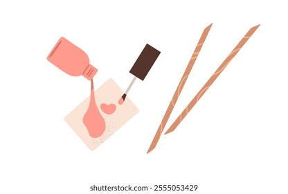 Nail polish and orange wooden sticks. Varnish bottle, brush and cuticle pusher. Manicure and pedicure tools, accessories for beauty care. Flat vector illustration isolated on white background