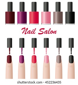 Nail Polish in the package. Glamorous tube of colored lacquers. Design for manicure beauty salon. Cosmetics for women. Set of various fashion colors. Isolated on white finger. Vector illustration.