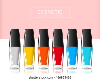 Nail polish package set, 3D illustration realistic glass bottle template