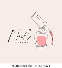 Nail polish pink bottle with brush and lettering salon drawing in linear style on beige background